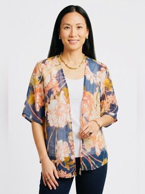 Style & Co. Floral Navy, Peach & Yellow Open-Front Kimono